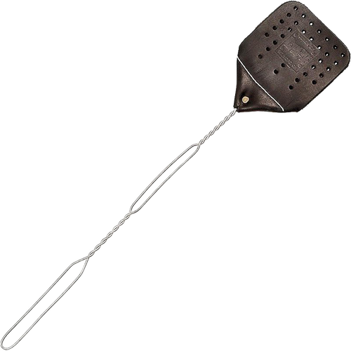 Handcrafted Amish made leather fly swatter with a tanned cowhide head and extended wire handle, perfect for pest control in farm, garden, and household settings.