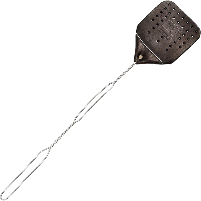 Handcrafted Amish made leather fly swatter with a tanned cowhide head and extended wire handle, perfect for pest control in farm, garden, and household settings.
