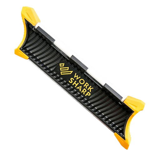 Compact pocket knife sharpener with black body and yellow corner grips, designed for quick blade sharpening, ideal for Farm, Garden & Tool, Hand Tools, Sharpening, and Knives & Axes collections.