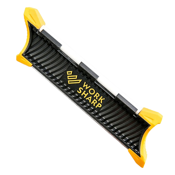 Compact pocket knife sharpener with black body and yellow corner grips, designed for quick blade sharpening, ideal for Farm, Garden & Tool, Hand Tools, Sharpening, and Knives & Axes collections.