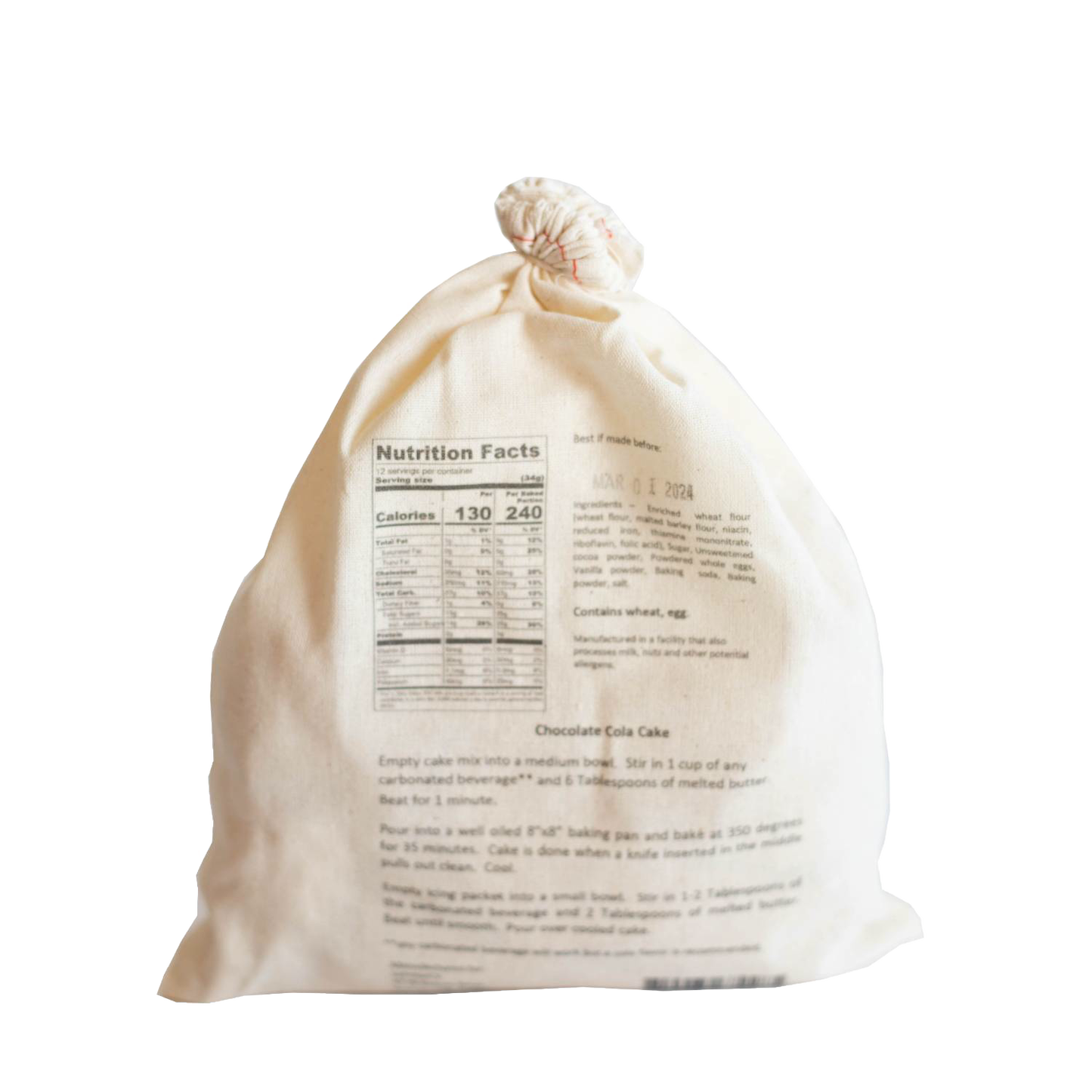 Natural fabric drawstring bag containing handcrafted chocolate cola cake mix with clear nutrition facts and baking instructions, ideal for Kitchen & Food, Pantry, Dry Goods and Mixes, Best Sellers, Promo Eligible collections.