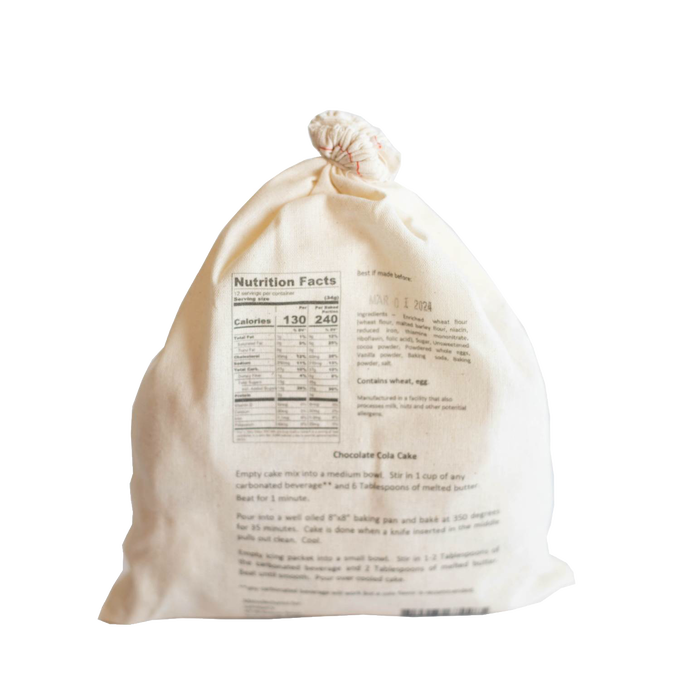 Natural fabric drawstring bag containing handcrafted chocolate cola cake mix with clear nutrition facts and baking instructions, ideal for Kitchen & Food, Pantry, Dry Goods and Mixes, Best Sellers, Promo Eligible collections.
