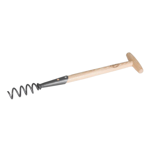 Handcrafted weeder with a wooden T-handle and a metal corkscrew blade, designed for effective root removal, ideal for Farm, Garden & Tool, Digging and Cultivating, Best Sellers, Promo Eligible, and Sale collections.