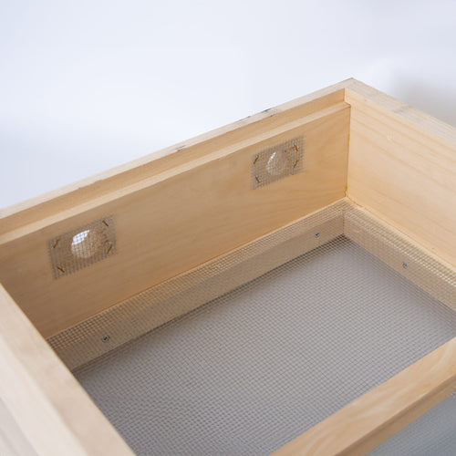 Handcrafted wooden hive box with mesh bottom and ventilation openings, designed to control moisture and condensation in beekeeping, Amish made in the USA, part of Farm, Garden & Tool collections.