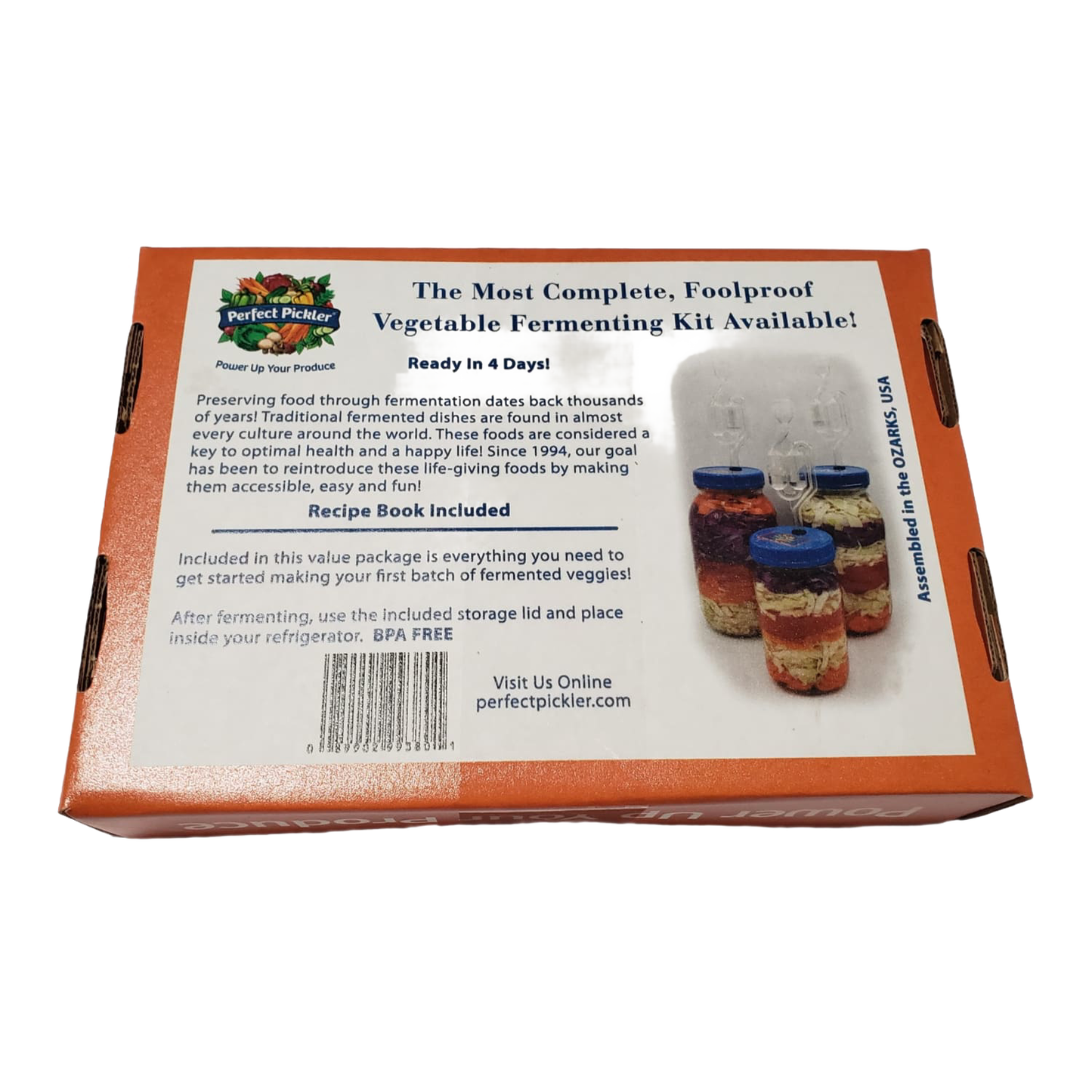 Boxed set of handcrafted Perfect Pickler fermentors featuring two jar-top fermentors with blue lids, recipe book, and storage lid, designed for Kitchen & Food, Food Preservation, and USA Made collections.