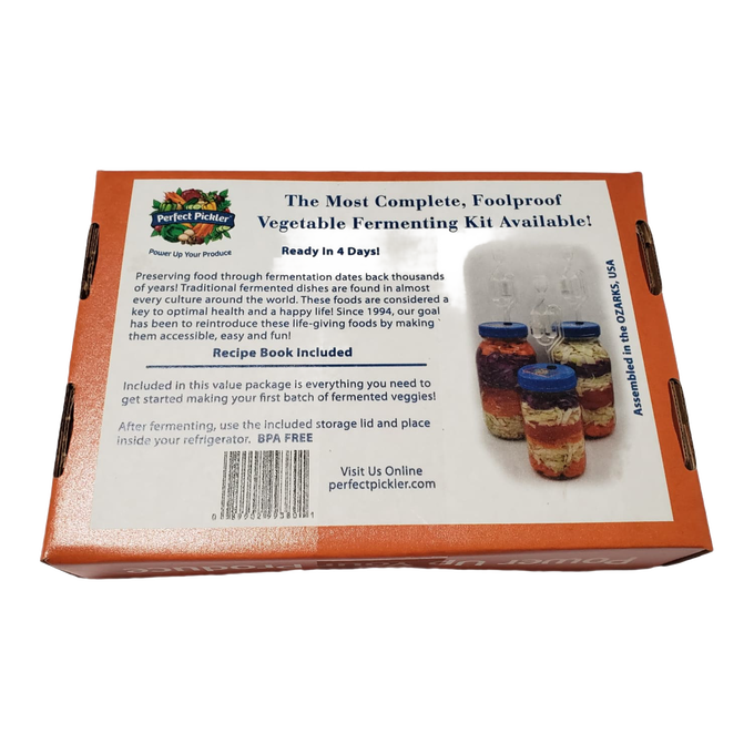 Boxed set of handcrafted Perfect Pickler fermentors featuring two jar-top fermentors with blue lids, recipe book, and storage lid, designed for Kitchen & Food, Food Preservation, and USA Made collections.