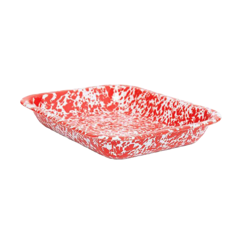 Small handcrafted red enamelware roasting pan with white splatter design, durable carbon steel, ideal for kitchen use in cookware, pots and pans, and best sellers collections.