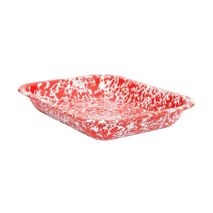 Small handcrafted red enamelware roasting pan with white splatter design, durable carbon steel, ideal for kitchen use in cookware, pots and pans, and best sellers collections.