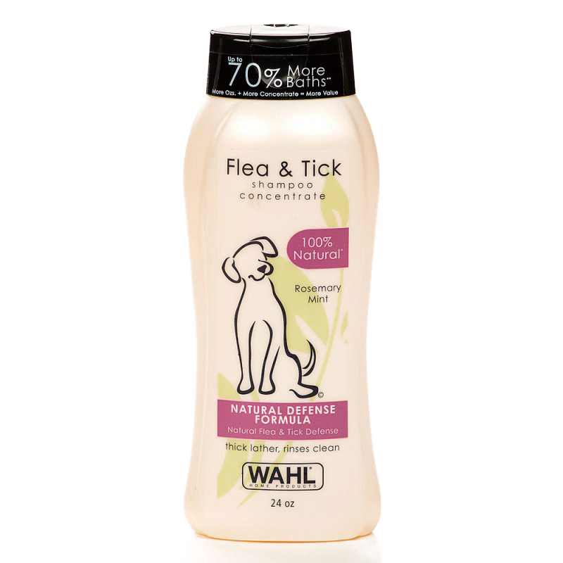 Bottle of natural flea and tick shampoo concentrate for dogs with rosemary mint scent featuring a natural defense formula, made in USA, part of Pet Supplies and Grooming collections.