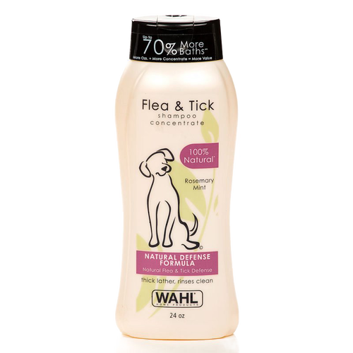 Bottle of natural flea and tick shampoo concentrate for dogs with rosemary mint scent featuring a natural defense formula, made in USA, part of Pet Supplies and Grooming collections.
