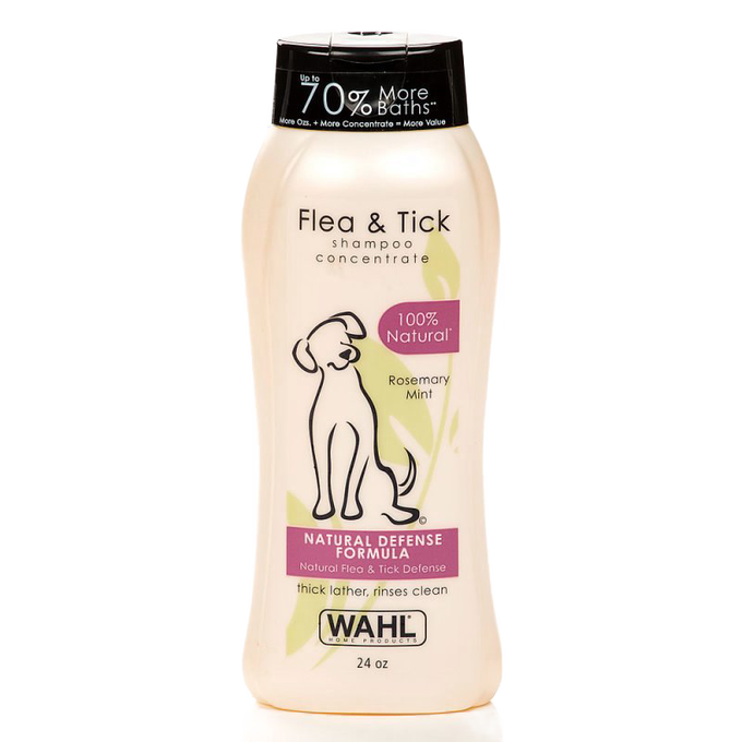 Bottle of natural flea and tick shampoo concentrate for dogs with rosemary mint scent featuring a natural defense formula, made in USA, part of Pet Supplies and Grooming collections.