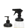 Pair of durable no-break black sprayer and pump lids designed for regular-mouth jars, made in USA for Home & Decor, Household Helpers, Best Sellers, and Promo Eligible collections.