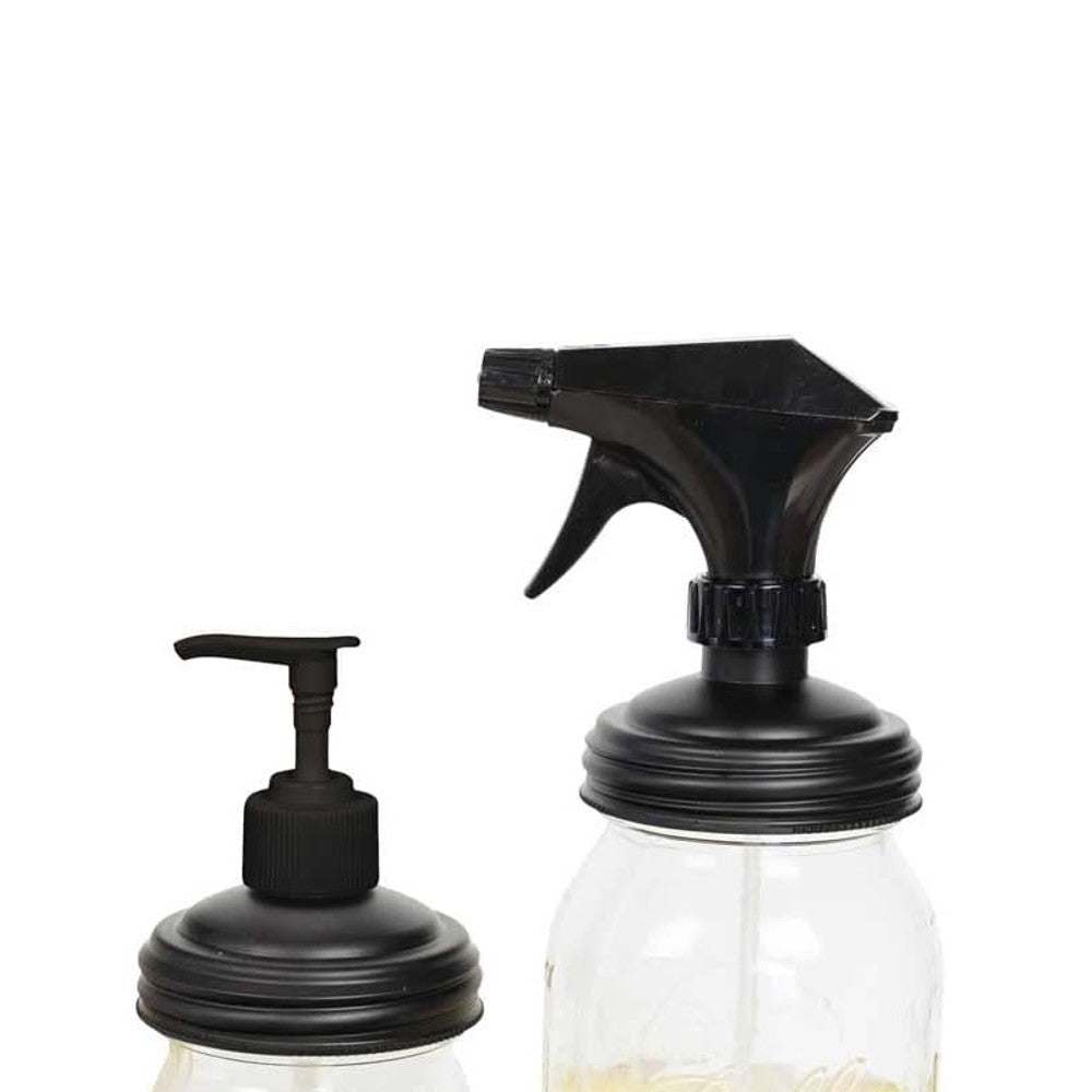 Pair of durable no-break black sprayer and pump lids designed for regular-mouth jars, made in USA for Home & Decor, Household Helpers, Best Sellers, and Promo Eligible collections.