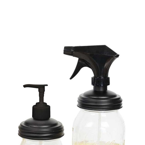 Pair of durable no-break black sprayer and pump lids designed for regular-mouth jars, made in USA for Home & Decor, Household Helpers, Best Sellers, and Promo Eligible collections.