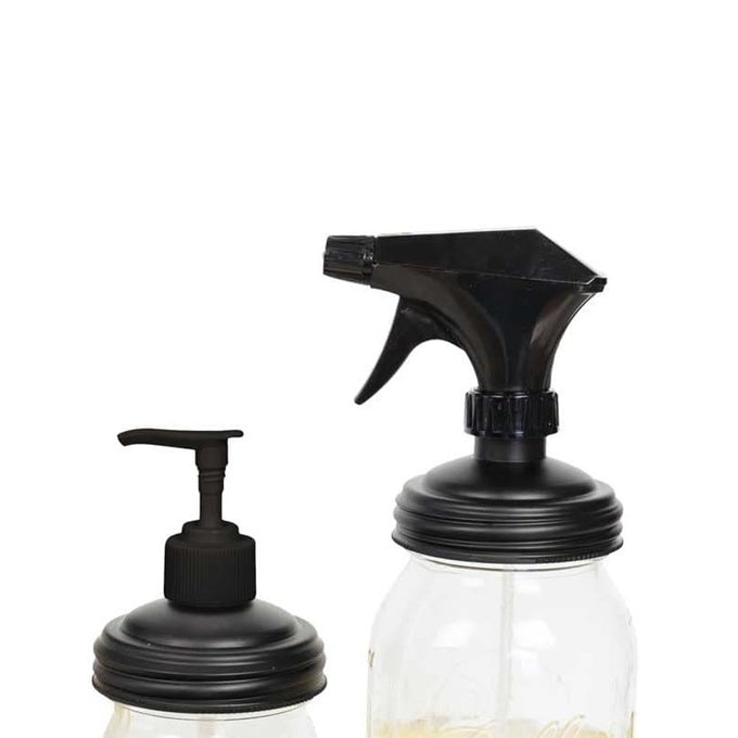 Pair of durable no-break black sprayer and pump lids designed for regular-mouth jars, made in USA for Home & Decor, Household Helpers, Best Sellers, and Promo Eligible collections.