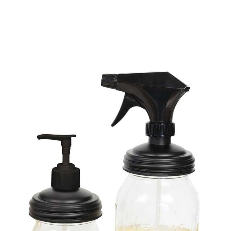 Pair of durable no-break black sprayer and pump lids designed for regular-mouth jars, made in USA for Home & Decor, Household Helpers, Best Sellers, and Promo Eligible collections.