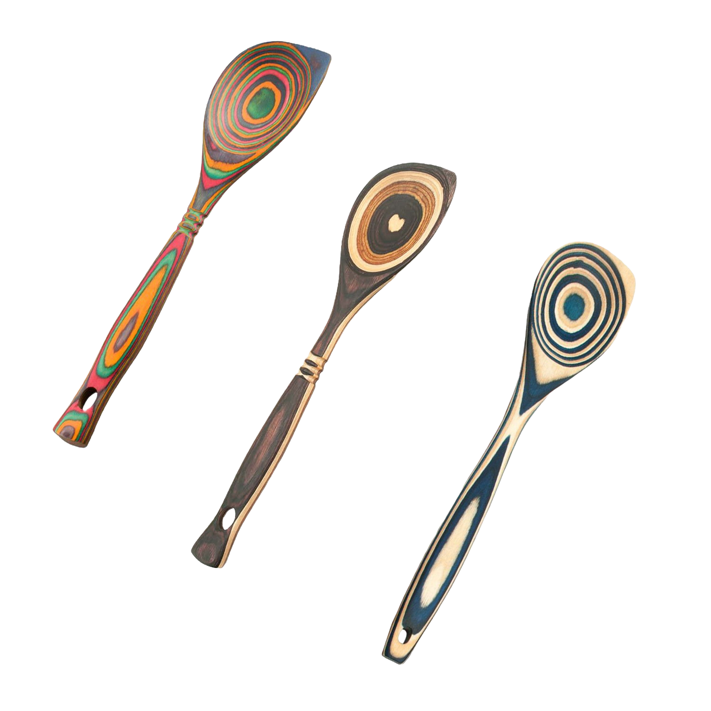 Three handcrafted pakkawood corner spoons featuring colorful, heat-resistant patterns in varied vibrant and natural tones, part of Kitchen & Food, Kitchen Gadgets, Cooking and Baking Helpers, Storage and Serving, Best Sellers, and Promo Eligible collections.
