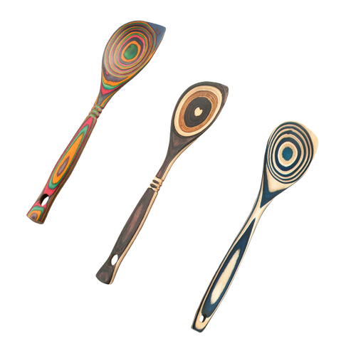 Three handcrafted pakkawood corner spoons featuring colorful, heat-resistant patterns in varied vibrant and natural tones, part of Kitchen & Food, Kitchen Gadgets, Cooking and Baking Helpers, Storage and Serving, Best Sellers, and Promo Eligible collections.
