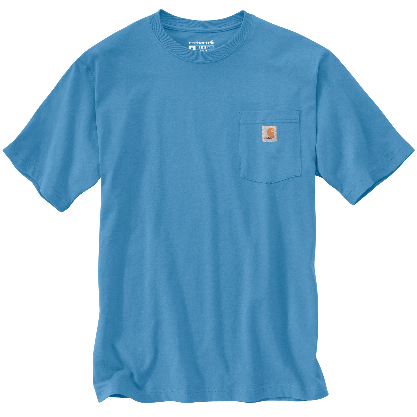 Handcrafted heavyweight cotton short-sleeve t-shirt in sky blue with rib-knit crewneck and stitched chest pocket featuring a small logo patch, ideal for Health & Wellness, Clothing and Accessories, Best Sellers, and Promo Eligible collections.