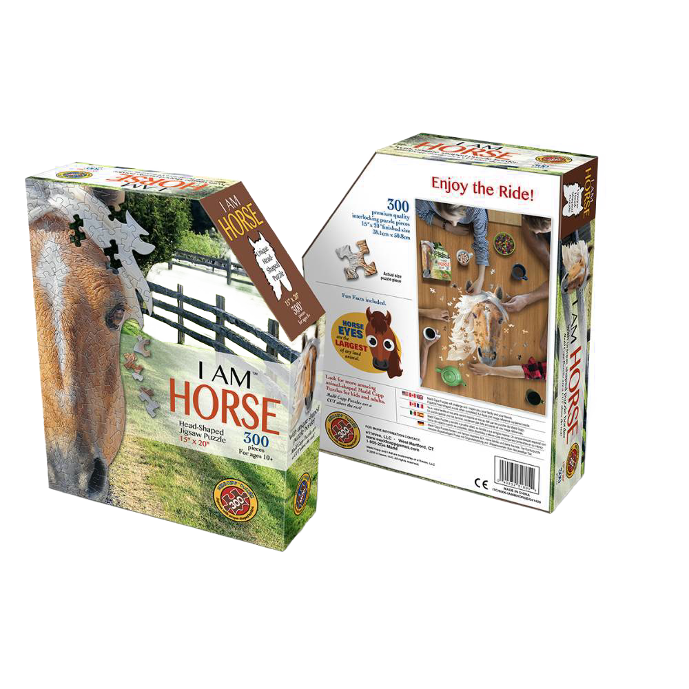 Horse head-shaped 300-piece jigsaw puzzle with fun horse facts and full-color reference page, crafted from premium chipboard, perfect for Toys, Games, Puzzles, and Children's collections.