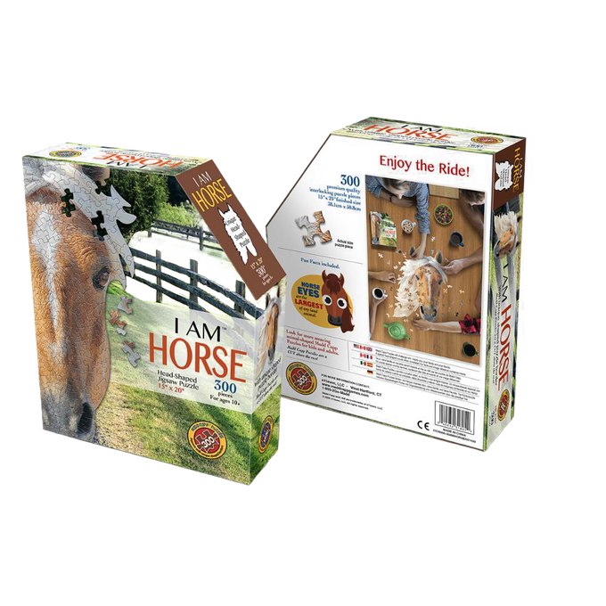 Horse head-shaped 300-piece jigsaw puzzle with fun horse facts and full-color reference page, crafted from premium chipboard, perfect for Toys, Games, Puzzles, and Children's collections.