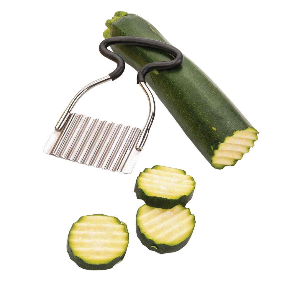Stainless steel crinkle cutter with silicone grip cutting zucchini into decorative crinkle slices, ideal for Kitchen & Food, Food Prep, and Kitchen Gadgets collections.