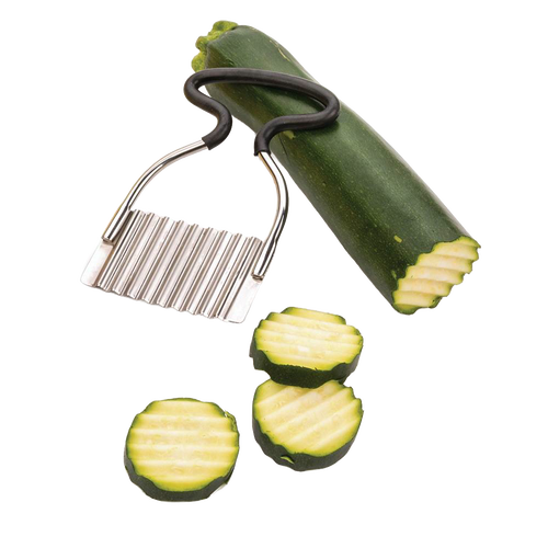 Stainless steel crinkle cutter with silicone grip cutting zucchini into decorative crinkle slices, ideal for Kitchen & Food, Food Prep, and Kitchen Gadgets collections.