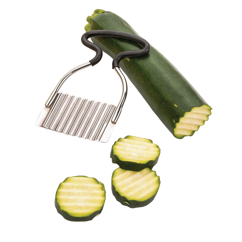 Stainless steel crinkle cutter with silicone grip cutting zucchini into decorative crinkle slices, ideal for Kitchen & Food, Food Prep, and Kitchen Gadgets collections.