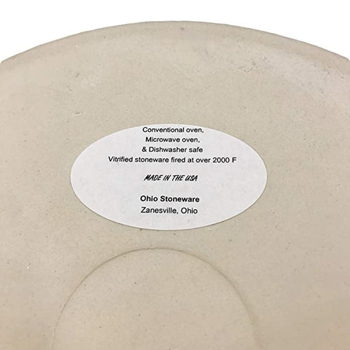 Bottom of a handcrafted 3-gallon stoneware crock showing a white oval label with product care instructions, made in USA, ideal for Kitchen & Food, Food Preservation, Fermenting and Pickling collections.