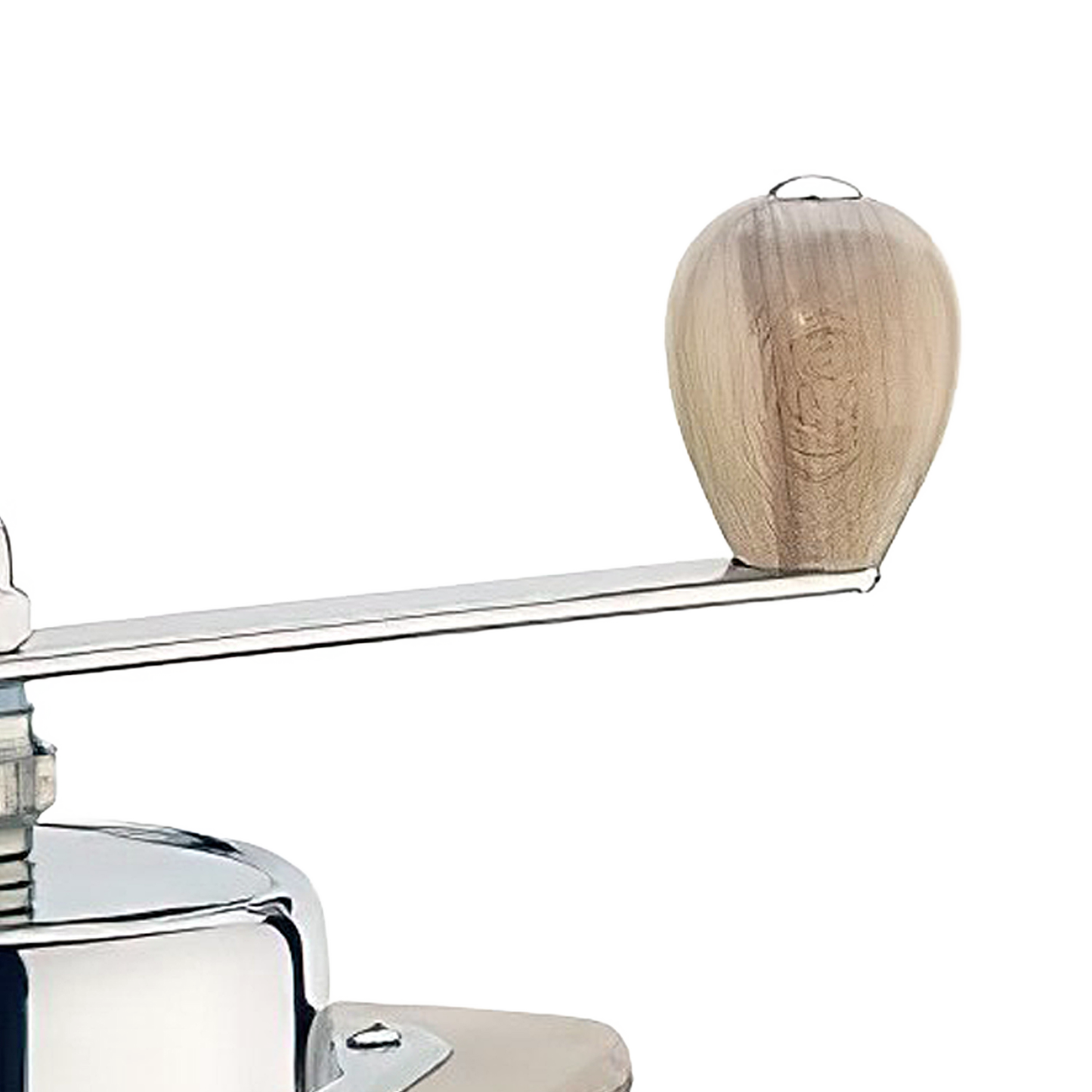 Handcrafted wooden knob on a polished metal crank arm of a high-quality coffee mill, ideal for Farm, Garden & Tool, Kitchen & Food, Brewing Coffee and Tea, Best Sellers, and Homesteading collections.