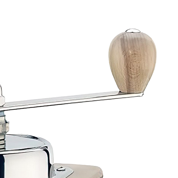 Handcrafted wooden knob on a polished metal crank arm of a high-quality coffee mill, ideal for Farm, Garden & Tool, Kitchen & Food, Brewing Coffee and Tea, Best Sellers, and Homesteading collections.
