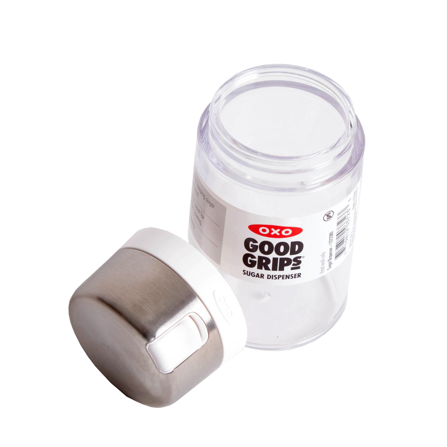 Clear glass sugar dispenser with stainless steel lid and side spout designed to reduce moisture and prevent clumping, suitable for Kitchen & Food, Kitchen Gadgets, Kitchen Accessories, Storage and Serving, Best Sellers, and Promo Eligible collections.