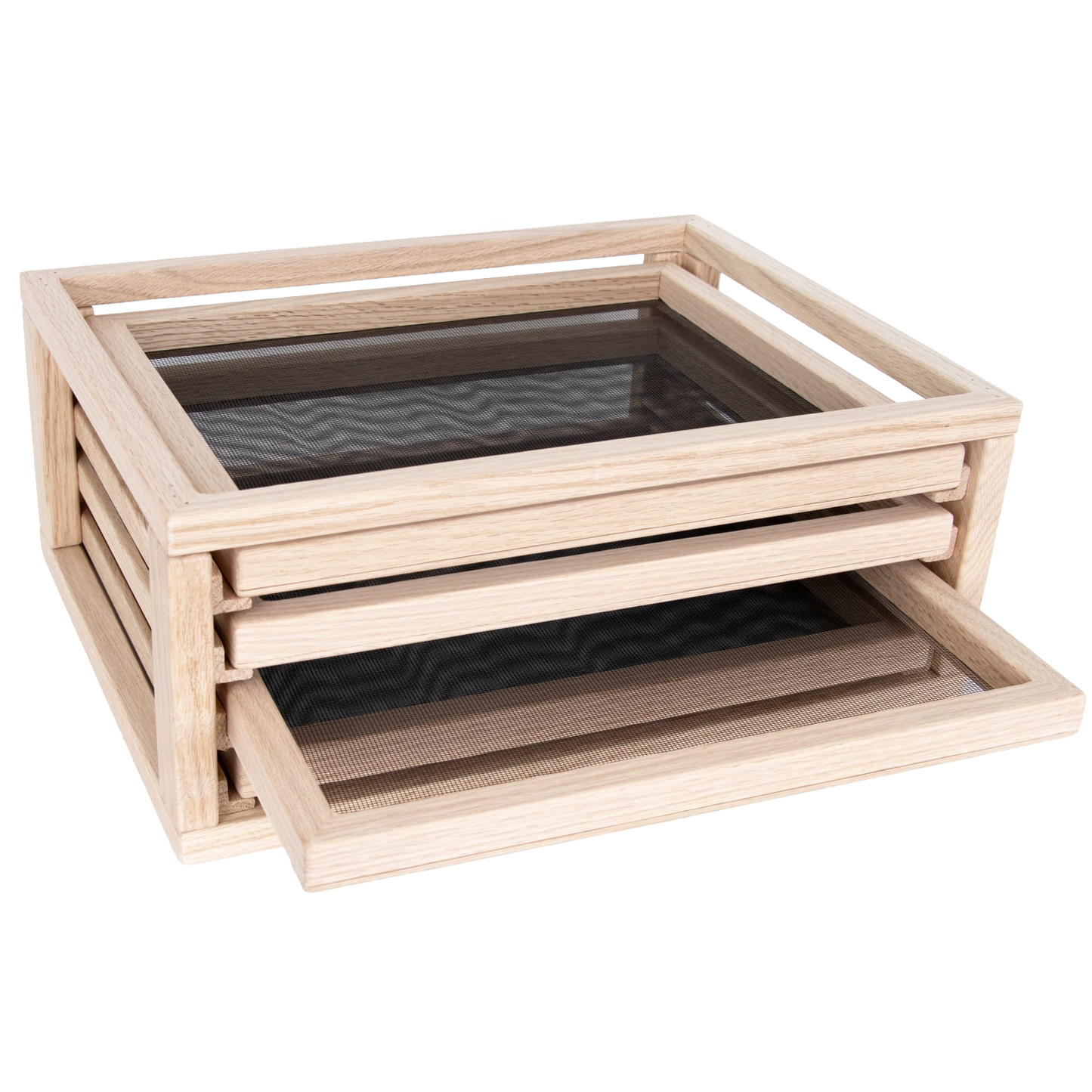 Handmade solid oak food drying rack with fiberglass trays, designed for kitchen use and food preservation, crafted in USA, ideal for drying and sustainable storage.