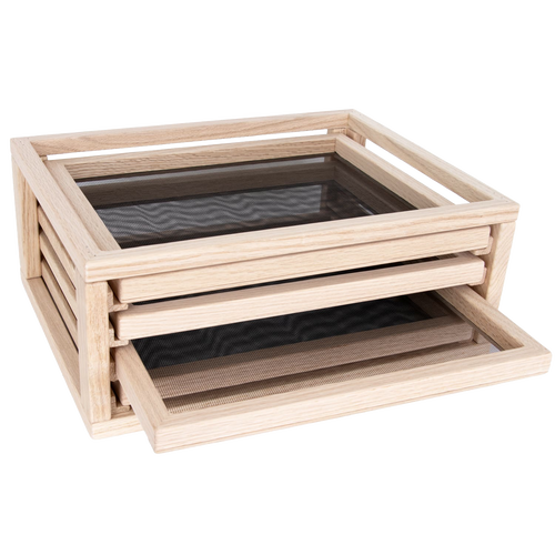 Handmade solid oak food drying rack with fiberglass trays, designed for kitchen use and food preservation, crafted in USA, ideal for drying and sustainable storage.