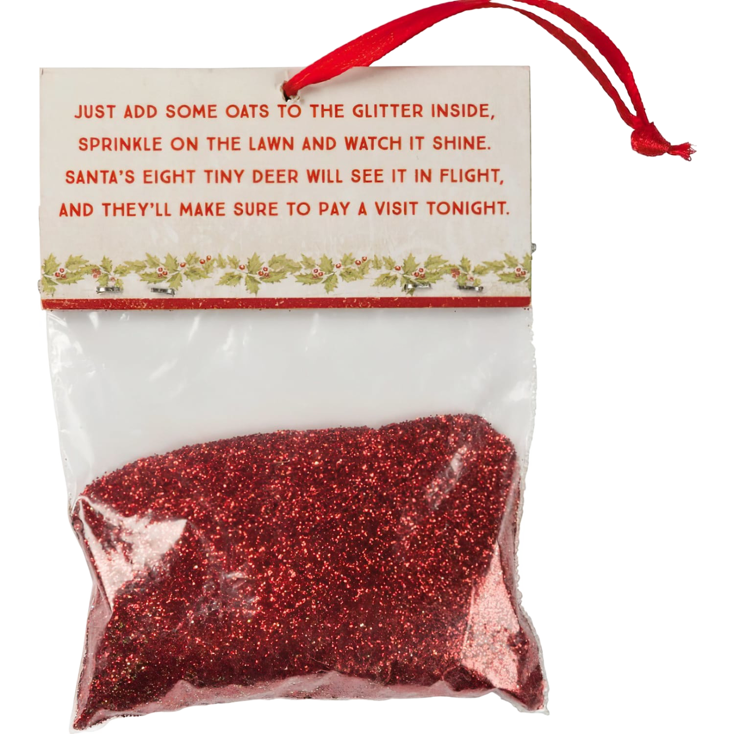 Small bag of red glitter with festive header card featuring a holiday poem about sprinkling glitter and oats for Santa’s reindeer, perfect for Home & Decor, Holiday Decor, Best Sellers, Promo Eligible collections.