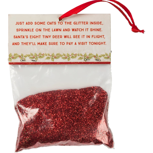 Small bag of red glitter with festive header card featuring a holiday poem about sprinkling glitter and oats for Santa’s reindeer, perfect for Home & Decor, Holiday Decor, Best Sellers, Promo Eligible collections.