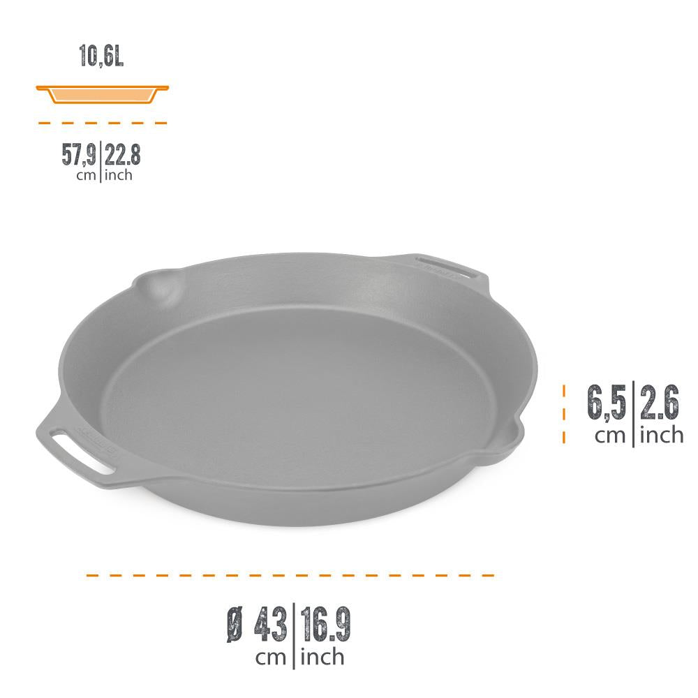 Large cast iron skillet with two side handles and pouring spout, handcrafted for durable use in farm, garden, kitchen, camping, cookware, and cast iron collections.