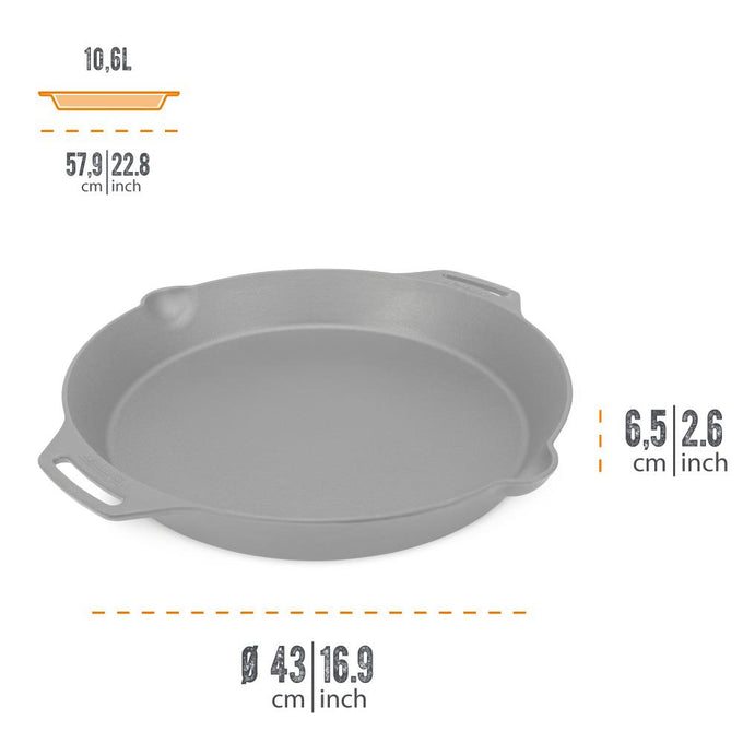 Large cast iron skillet with two side handles and pouring spout, handcrafted for durable use in farm, garden, kitchen, camping, cookware, and cast iron collections.