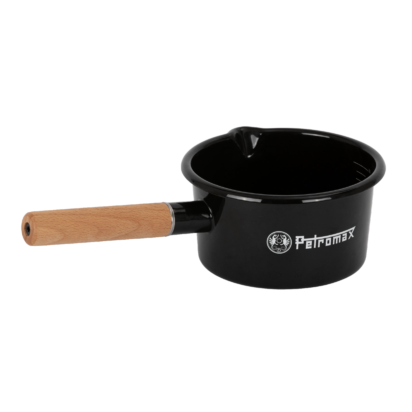 Black enamel pan with natural wooden handle and interior spout for easy pouring, featuring Petromax logo, suitable for Farm, Garden & Tool, Kitchen & Food, Camping, Cookware, Pots and Pans, Best Sellers, and Promo Eligible collections.