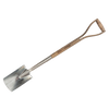 Compact garden spade with a polished stainless steel blade and wooden D-handle, ideal for careful digging and cultivating in tight spaces; perfect for farm, garden, and lawncare needs.