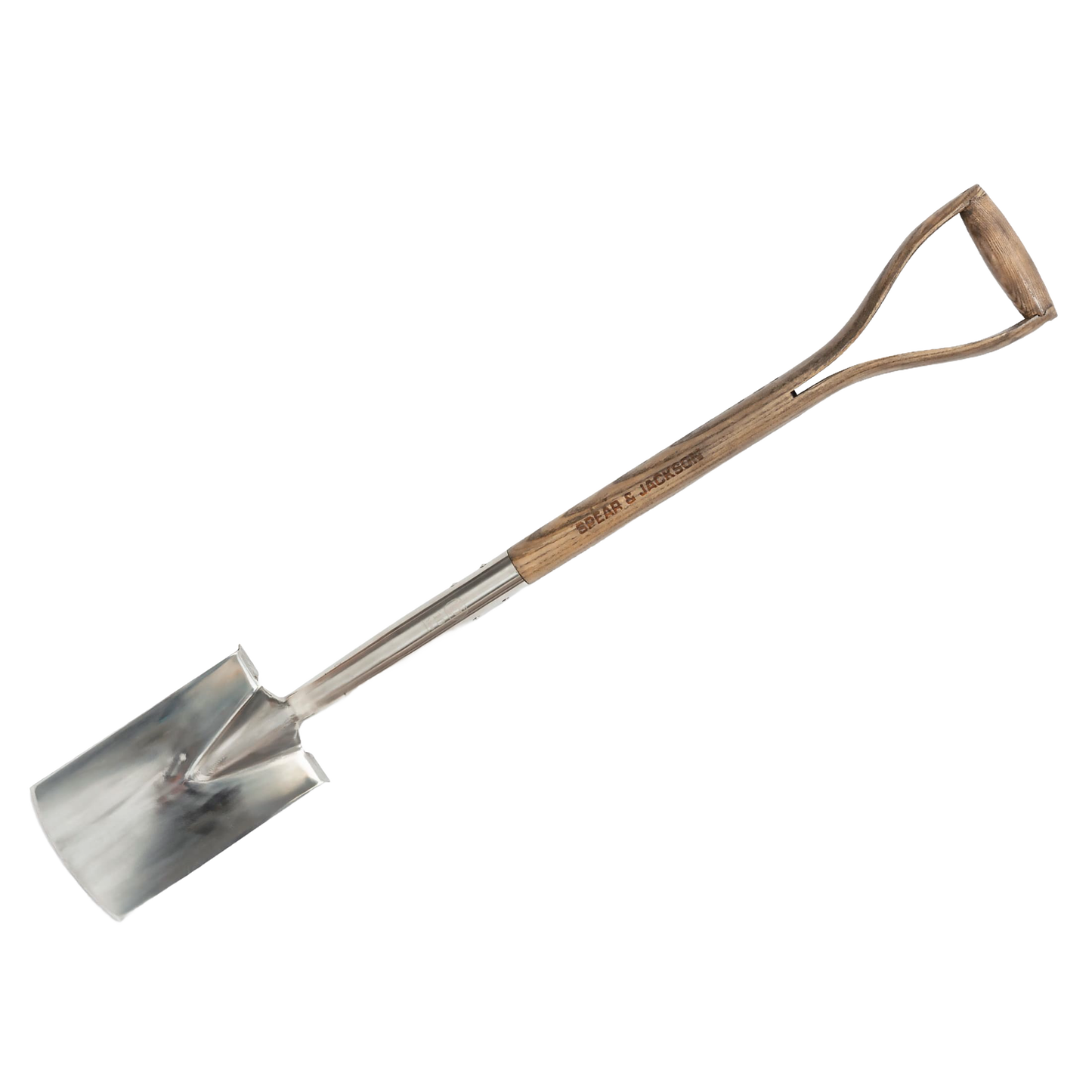 Compact garden spade with a polished stainless steel blade and wooden D-handle, ideal for careful digging and cultivating in tight spaces; perfect for farm, garden, and lawncare needs.