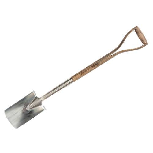 Compact garden spade with a polished stainless steel blade and wooden D-handle, ideal for careful digging and cultivating in tight spaces; perfect for farm, garden, and lawncare needs.