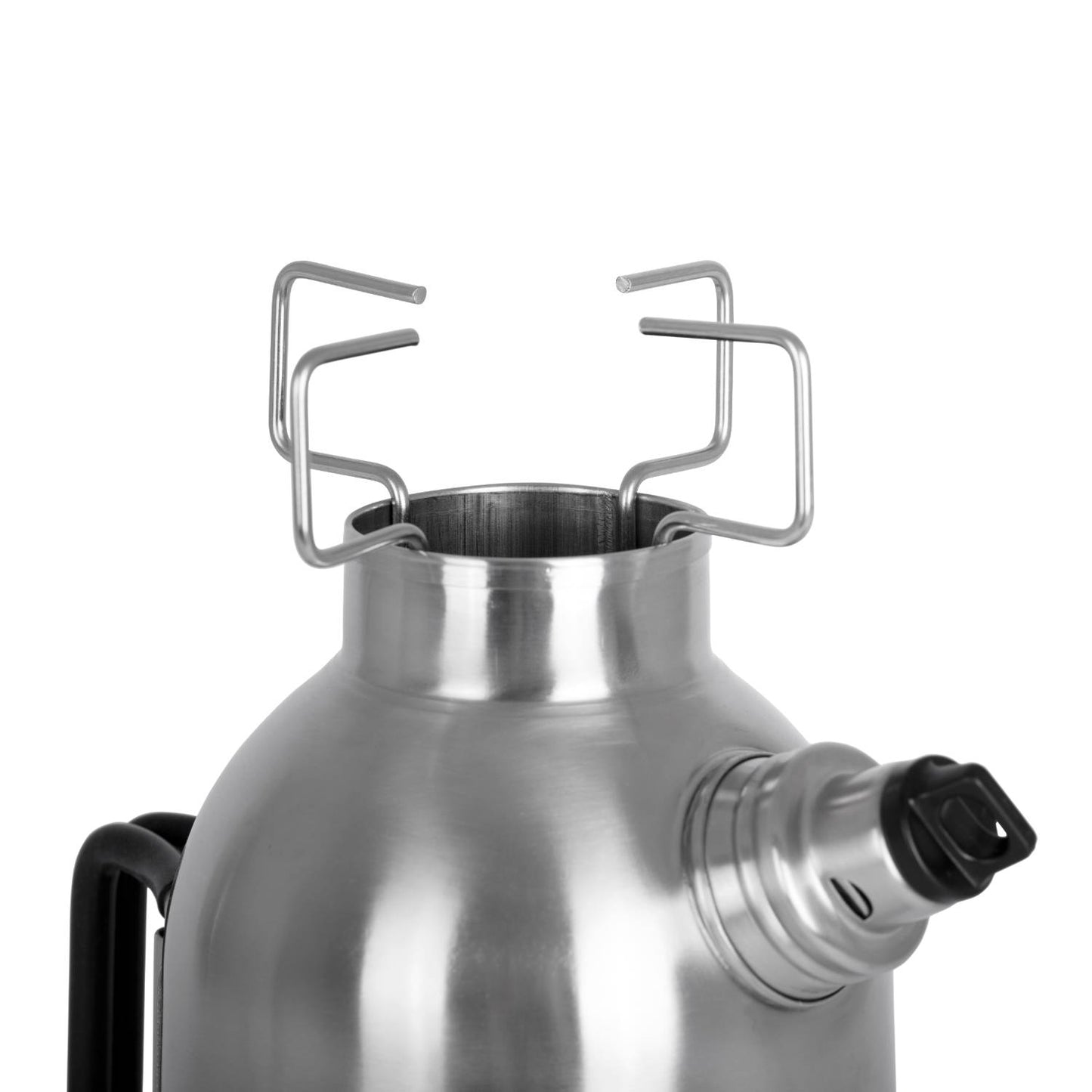 Close-up of a handcrafted stainless steel fire kettle’s top with integrated pot supports and screw-on spout cap, designed for outdoor use in Farm, Garden & Tool, Camping, Emergency Supplies, and Best Sellers collections.