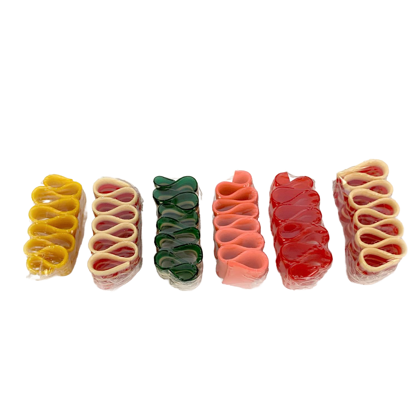 Colorful handcrafted handspun ribbon candy pieces in yellow, red, green, pink, and two shades of red, showcasing different flavors, perfect for Kitchen & Food and USA Made collections.