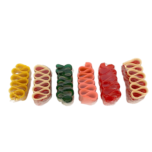 Colorful handcrafted handspun ribbon candy pieces in yellow, red, green, pink, and two shades of red, showcasing different flavors, perfect for Kitchen & Food and USA Made collections.