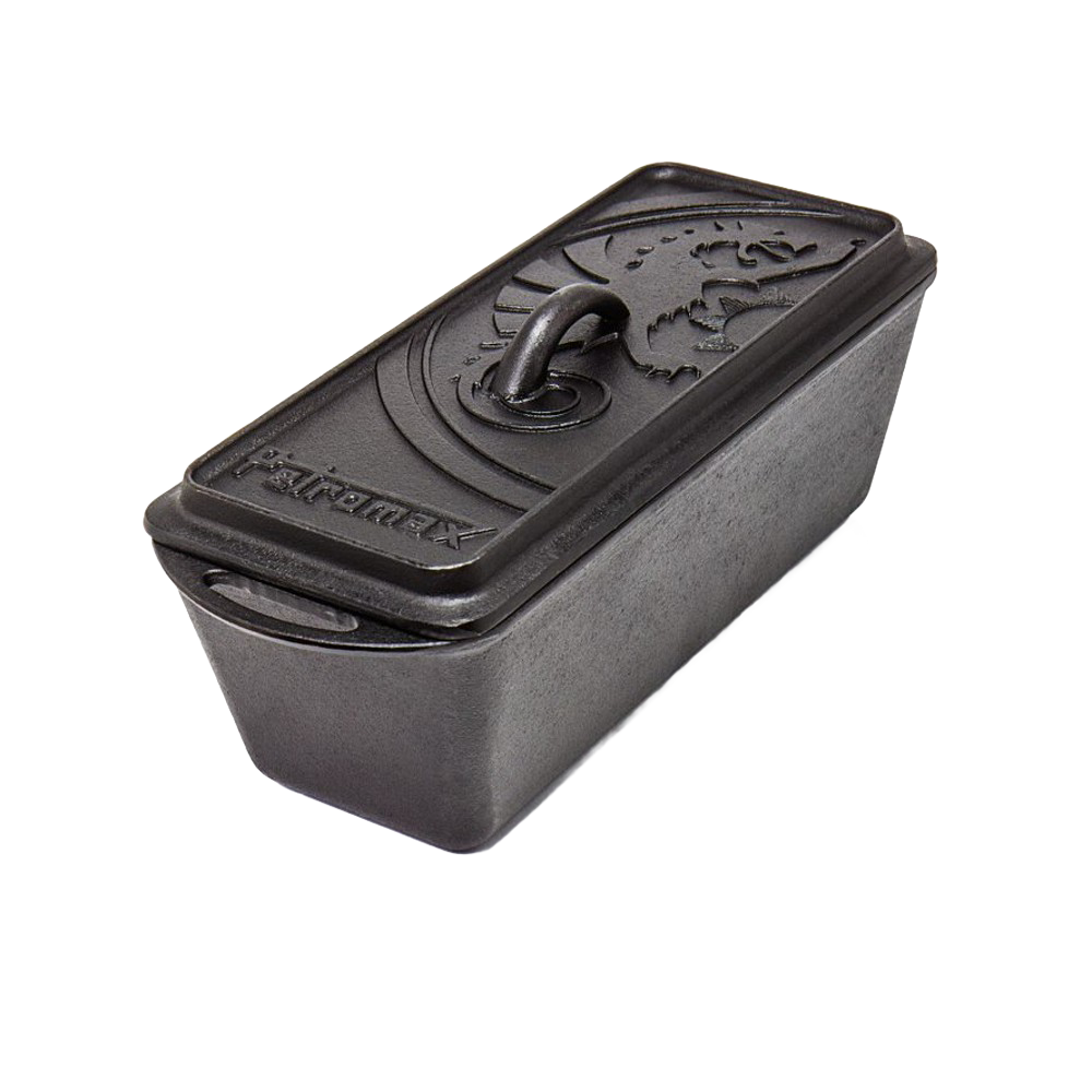 Rectangular cast iron loaf pan with embossed lid featuring a dragon design, suitable for baking bread, casseroles, and outdoor cooking in farm, kitchen, camping, and cast iron collections.