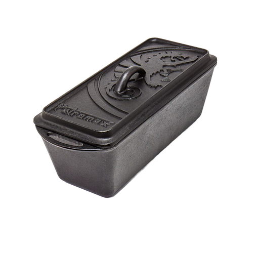 Rectangular cast iron loaf pan with embossed lid featuring a dragon design, suitable for baking bread, casseroles, and outdoor cooking in farm, kitchen, camping, and cast iron collections.