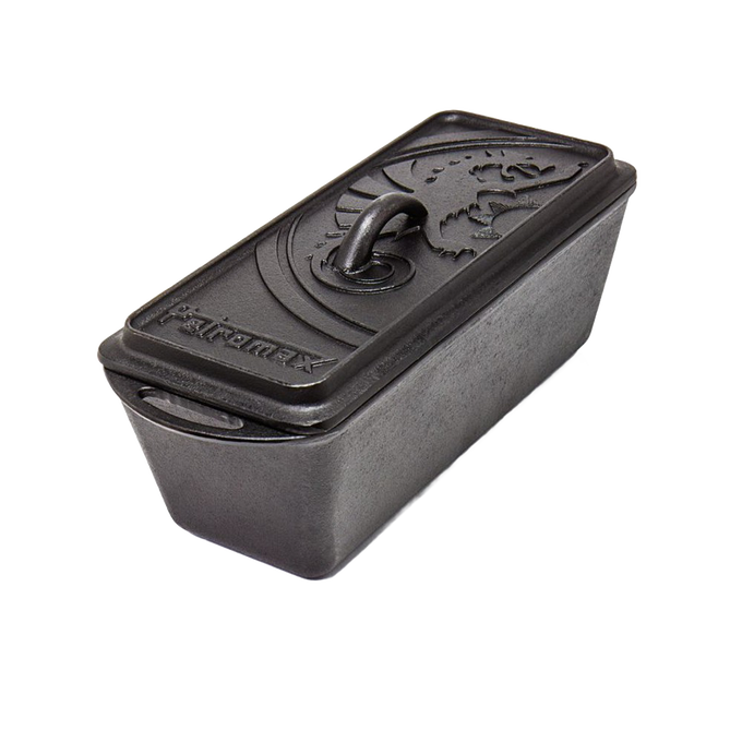 Rectangular cast iron loaf pan with embossed lid featuring a dragon design, suitable for baking bread, casseroles, and outdoor cooking in farm, kitchen, camping, and cast iron collections.