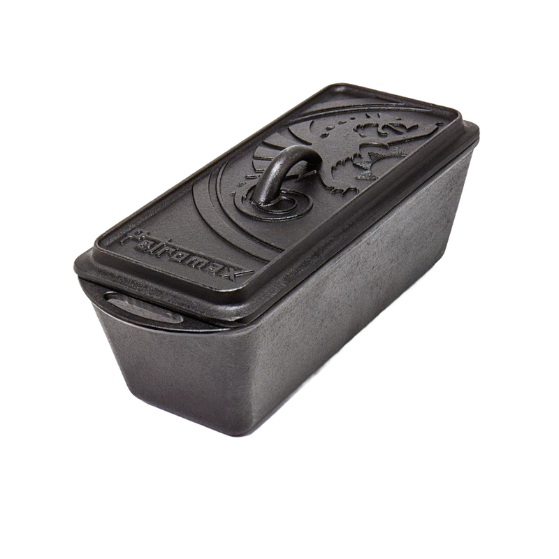 Rectangular cast iron loaf pan with embossed lid featuring a dragon design, suitable for baking bread, casseroles, and outdoor cooking in farm, kitchen, camping, and cast iron collections.