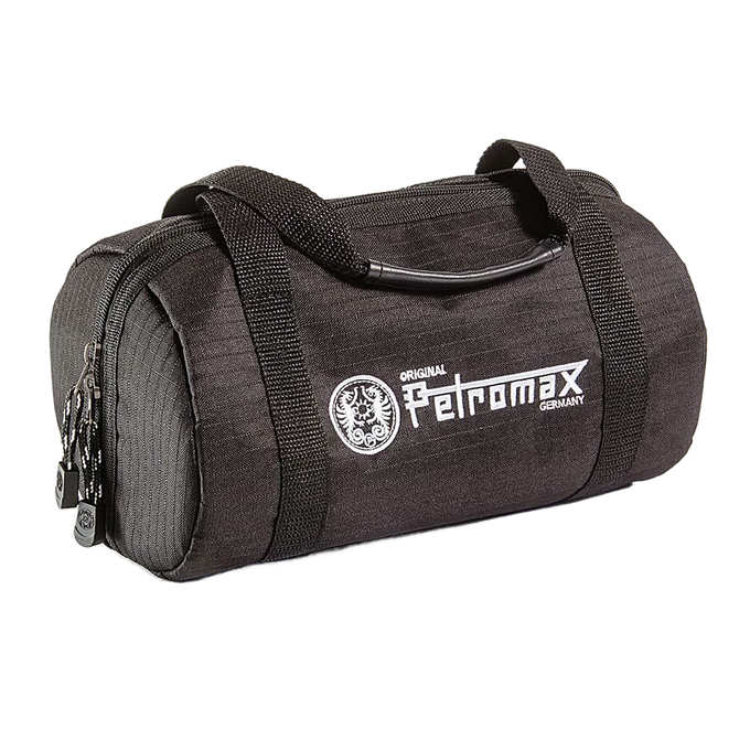 Black ripstop fabric transport bag with sturdy handles and zippered closure, designed to protect and carry fire kettle, featured in Kitchen & Food, Cookware, Cast Iron, and Best Sellers collections.